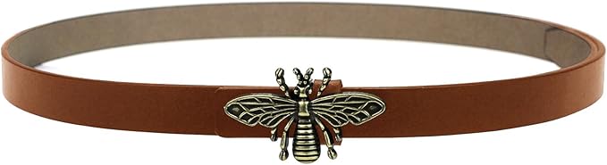 Women's 0.7″Thin Vintage Copper Bee Buckle Leather Belts Casual Dress Belts