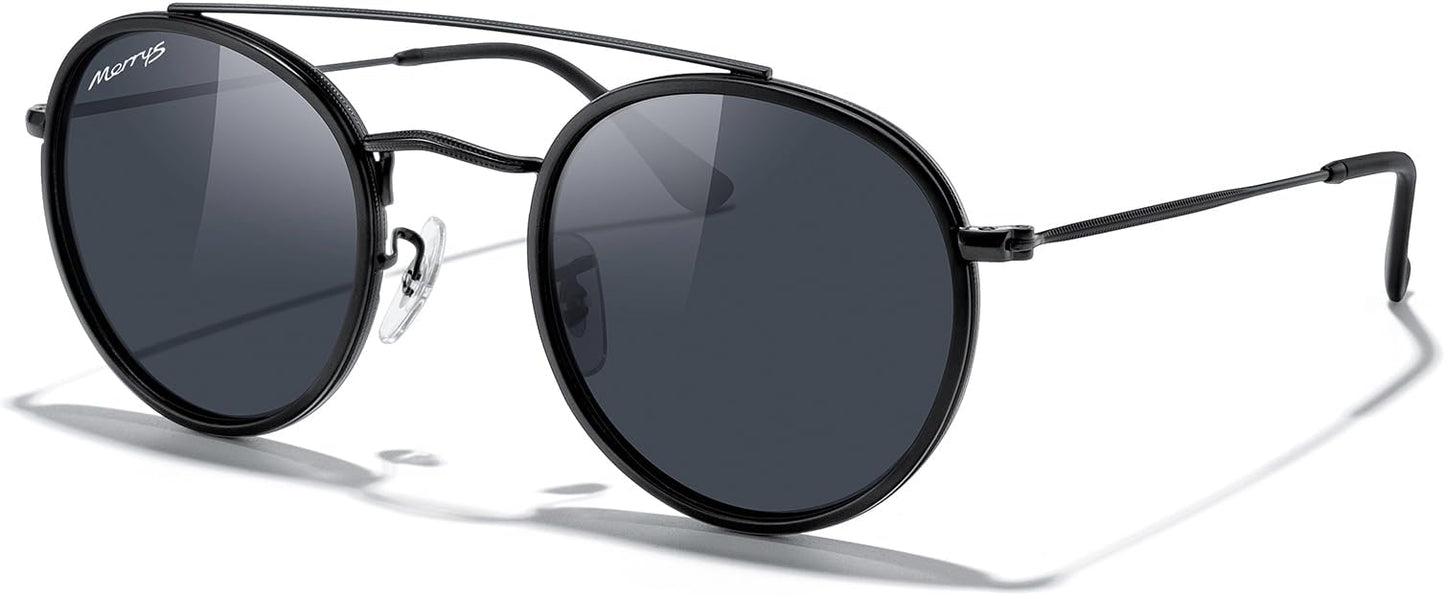 MERRY'S Retro Round Polarized Sunglasses - Unisex Double Bridge Sun Glasses