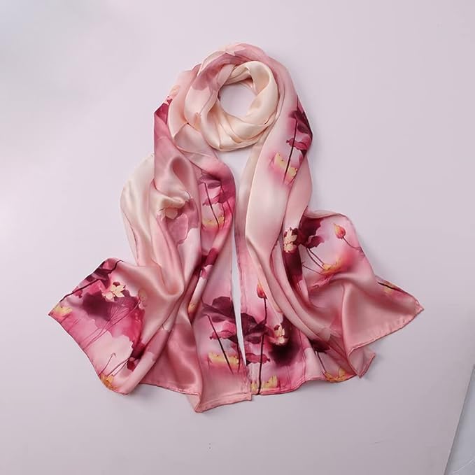 100% Mulberry Silk Scarfs for Women Floral Print Satin Long Scarf for Headscarf Hair Wraps Shawl with Gift Packed