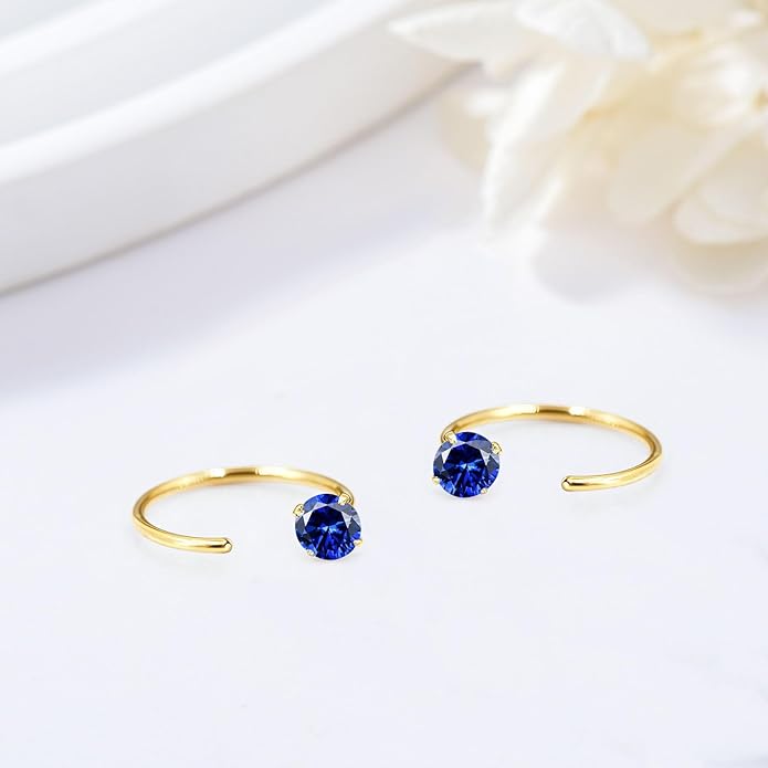 14K Gold Birthstone Huggie Half Hoop Earrings for Women,Round-cut Created Gemstone Minimalist Tiny Earring(4MM*2) Anniversary Birthday Mother's Day Jewelry for Mom Her
