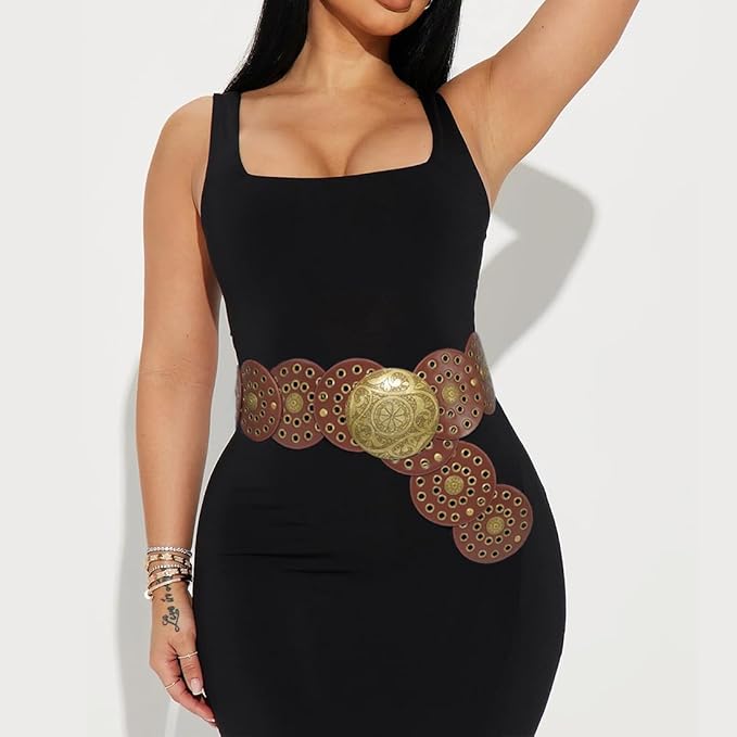 Hollow Wide Disc Belt for Women Concho Leather Metal Buckle Boho Belt Cowgirl Vintage Western Chunky Waist Belts