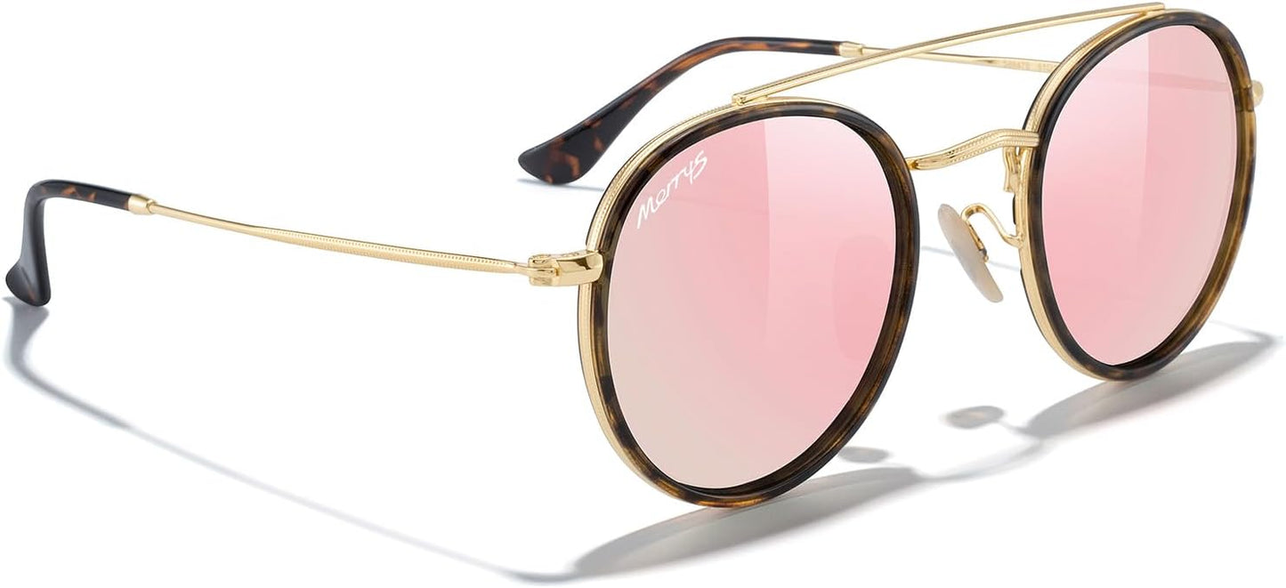 MERRY'S Retro Round Polarized Sunglasses - Unisex Double Bridge Sun Glasses