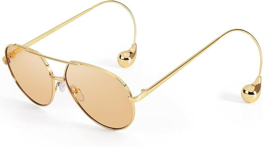 SODQW Trendy Aviator Sunglasses for Women with Earring Gold Metal Frame Fashion Sun Glasses