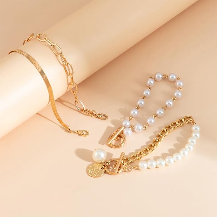 14K Gold OT Buckle Coin Pearl Paperclip Stacked Bracelet Set for Women, Statement Snake Pearl Paper Clip Bracelets Stack Dainty Prom Party Jewelry Gift