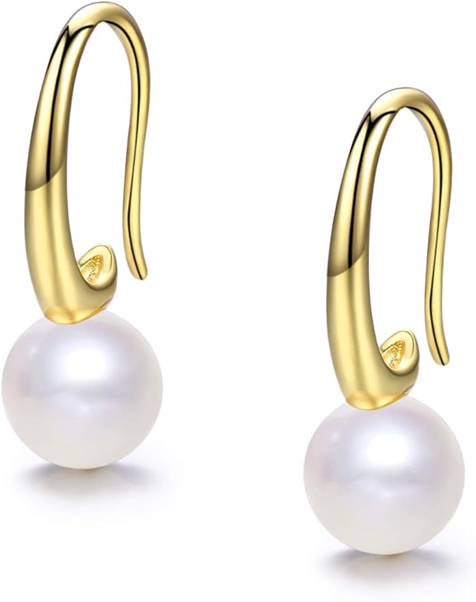 CHAULRI Minimalist Modern Sleek Cultured White Pearl Earrings 8-9mm Gold Plated Sterling Silver - Jewelry Gifts for Women