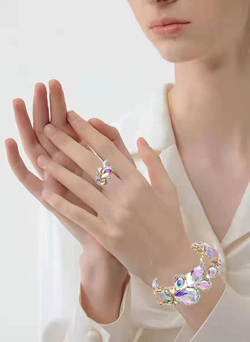Jewelry Set for Women, Statement Necklace Dangle Earrings Bracelet Ring, White/KC Gold Plated Jewelry Set with Rhinestone Pearl Crystal Wedding Party Jewelry for Bridal Bridesmaid
