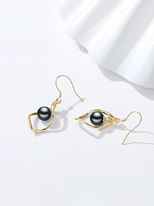 Tahitian Black Pearl AAAA 18K Gold Plated Sterling Silver Dangle Drop Earrings for Women Wife Mom Girlfriend Valentine Her Jewelry Gift for Anniversary Birthday Christmas