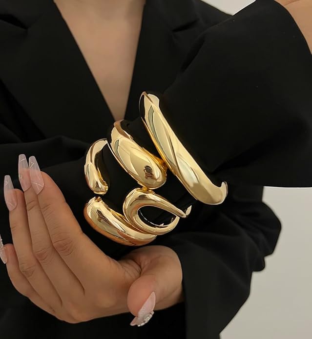 Chunky Gold Bangle Bracelets for Women, Dainty 14k Gold Plated Big Stackable Bangles Set, Trendy Statement Cuff Bracelet Stack Fashion Jewelry Christmas Gifts