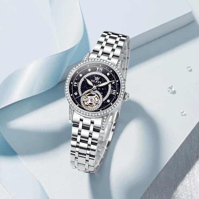 OLEVS Women’s Watch Automatic Diamond Tourbillon Luxury Fashion Stainless Steel Waterproof Luminous Wrist Watches for Ladies Gift Rose Gold/Starry Sky Blue/Silver