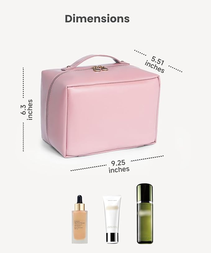 Travel Makeup Organizer Bag, Large Capacity Cosmetic Bags with Multiple Compartments, Open-Flat Toiletry Bag Portable Waterproof Pouch for Women Beauty Essentials (Pink)