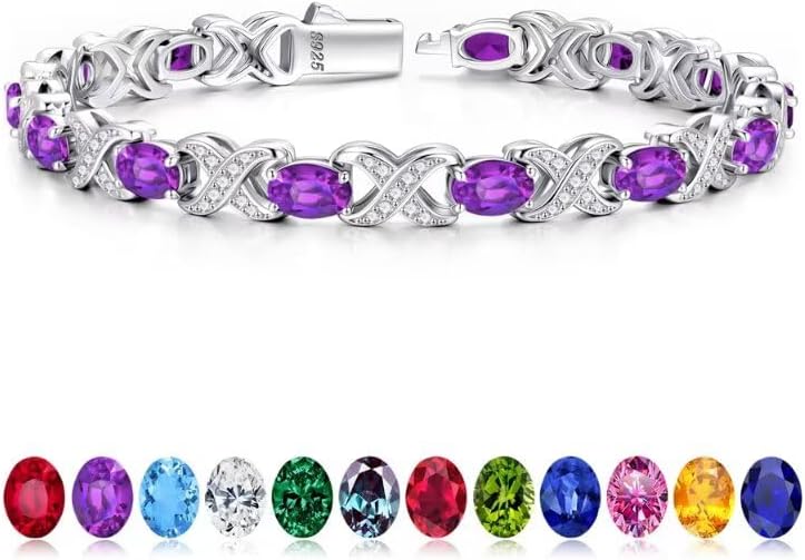 Iefil Oval Birthstone Tennis Bracelets for Women Wife, Unique X O Design Fine Jewelry Valentine's Day Gift Anniversary Birthday Gift 925 Sterling Silver Birthstone Jewelry for Mom Girlfriend Her