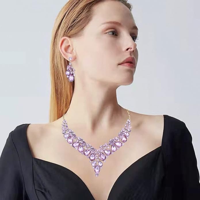 Jewelry Set for Women, Statement Necklace Dangle Earrings Bracelet Ring, White/KC Gold Plated Jewelry Set with Rhinestone Pearl Crystal Wedding Party Jewelry for Bridal Bridesmaid