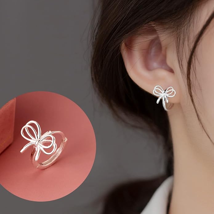 Reffeer Solid 925 Sterling Silver Bow Hoop Earrings Ribbon for Women Teen Girls Bowknot Hoop Earrings Huggie
