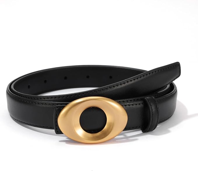 Women's Elegant Casual Genuine Leather Belt with Matte Oval Vintage Gold Buckle for Jeans Pants Dresses