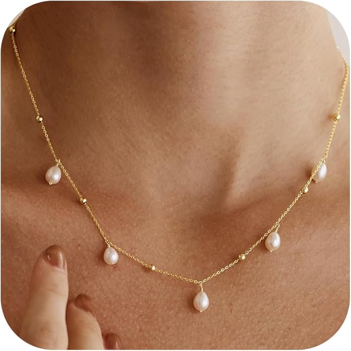 Valentines Day Gifts for Her - 14K Gold Plated Pearl Necklaces for Women Trendy Dainty Necklace Simple Layered Pearl Necklaces for Women Trendy Wedding Birthday Valentines Jewelry