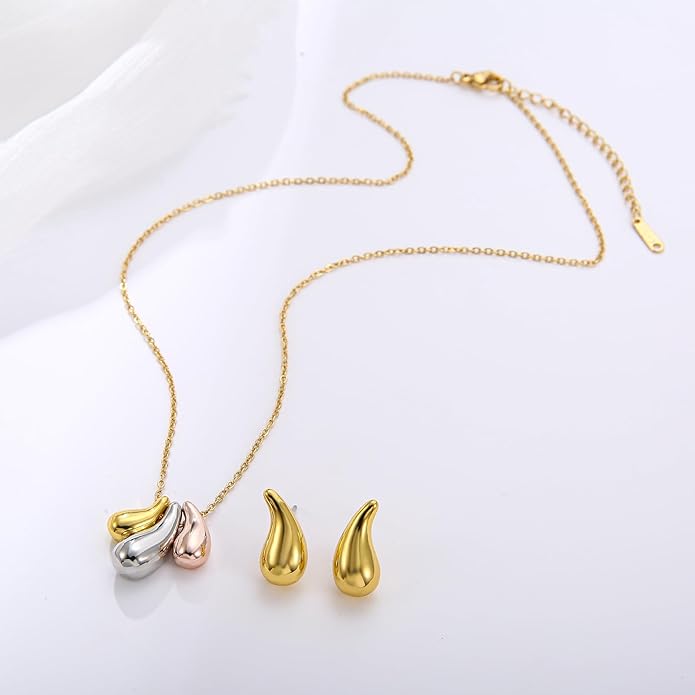 Dainty Geometric Jewelry Set for Women - Stainless Steel Necklace & Earrings Minimalist Matching Set