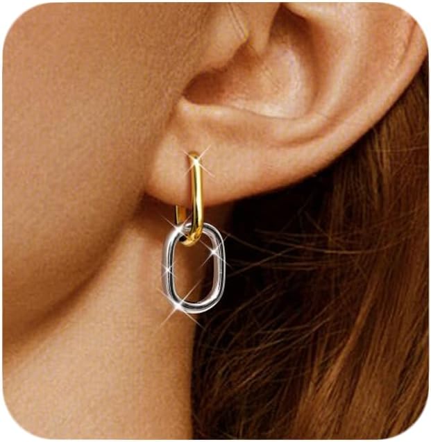 18K Gold Plated Two Tone Gold Silver Hoop Earrings for Women Hypoallergenic - 925 Sterling Silver Drop Dangle Paperclip Huggie Hoop Earrings - Chain Link Dangle Earrings Jewelry