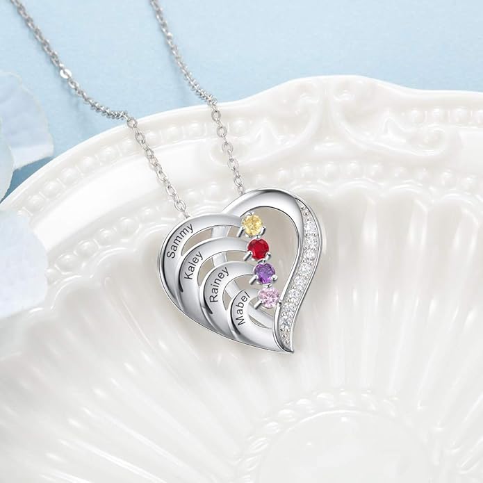 GLAMCARAT Personalized mothers necklace with birthstones names sterling silver jewelry for women customized engraved necklace
