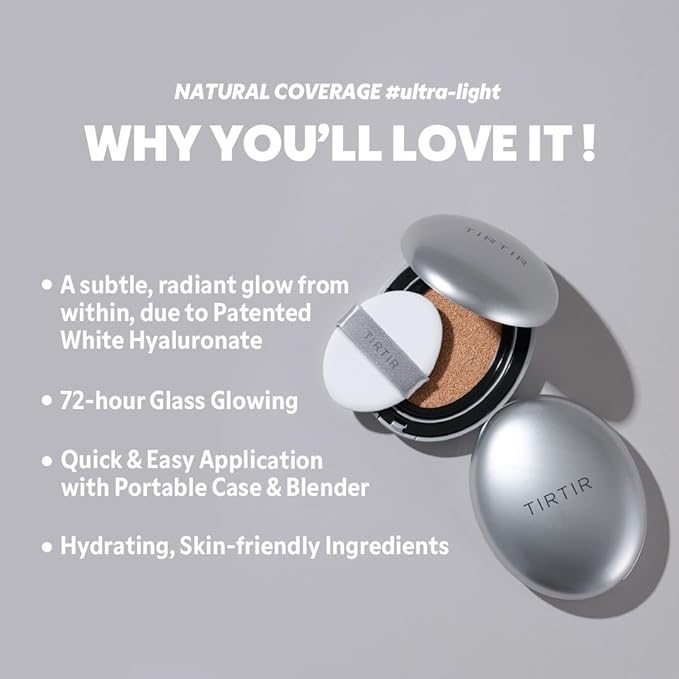 TIRTIR Mask Fit Aura Silver Cushion Foundation | Semi-glow Finish, Natural Coverage, Moisturizing, Lightweight, Korean cushion foundation (#24W Soft Beige, Full Size, 0.63 Fl Oz)
