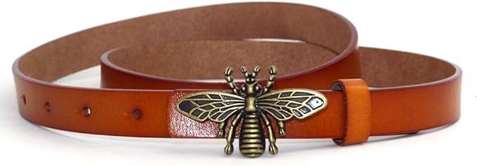 Women's 0.7″Thin Vintage Copper Bee Buckle Leather Belts Casual Dress Belts