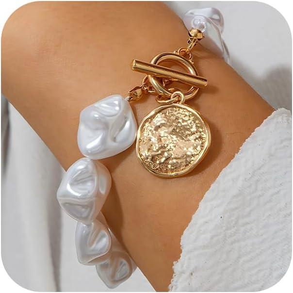 14K Gold OT Buckle Coin Pearl Paperclip Stacked Bracelet Set for Women, Statement Snake Pearl Paper Clip Bracelets Stack Dainty Prom Party Jewelry Gift