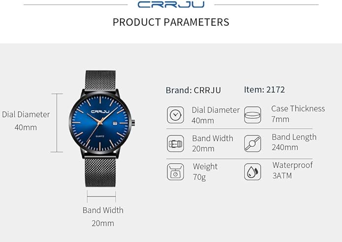 CRRJU Men's Minimalist Casual Luxury Auto Date Watches Fashion Business Japan Movement Quartz Waterproof Wristwatches for Men Stainsteel Steel Band Watch