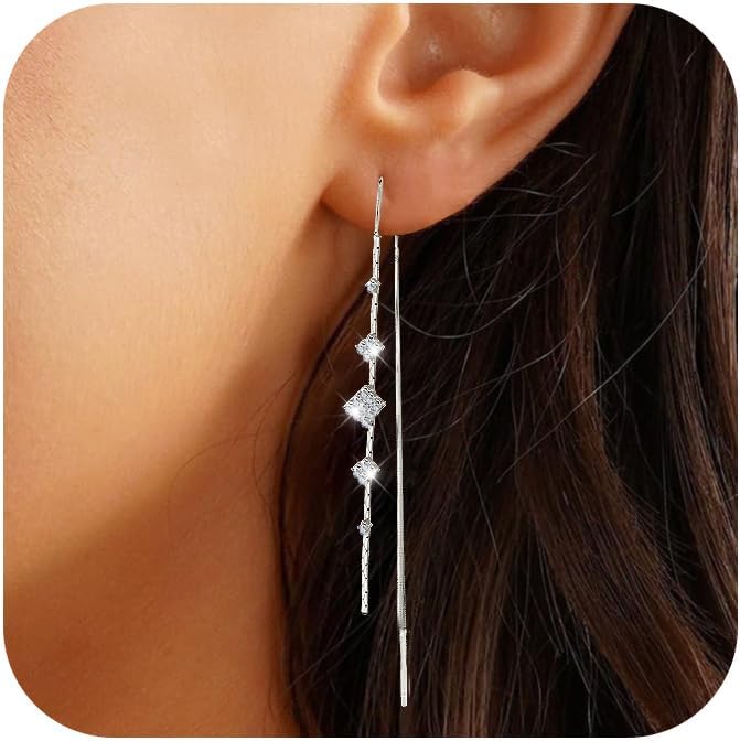 925 Sterling Silver Threader Dangle Earrings for Women - Long Earrings Dangle Chain Drop Earrings Dangling, Dainty Elegant Dangly Ear Chain with Tassel and Cubic Zirconia for Prom Wedding Trendy Jewelry Accessories