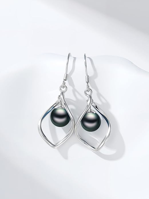 Tahitian Black Pearl AAAA 18K Gold Plated Sterling Silver Dangle Drop Earrings for Women Wife Mom Girlfriend Valentine Her Jewelry Gift for Anniversary Birthday Christmas