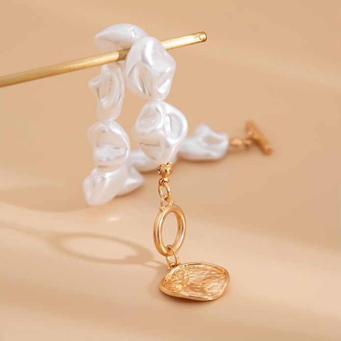 14K Gold OT Buckle Coin Pearl Paperclip Stacked Bracelet Set for Women, Statement Snake Pearl Paper Clip Bracelets Stack Dainty Prom Party Jewelry Gift