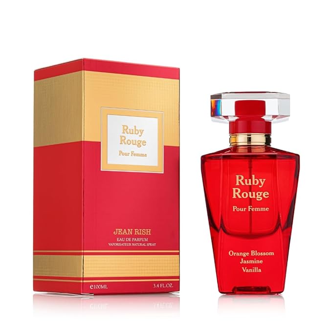 Jean Rish Ruby Rouge, Eau De Parfum for Women (3.4 Fl Oz / 100ml) with Orange Blossom, Jasmine, Vanilla - Long Lasting and Luxury Fragrance