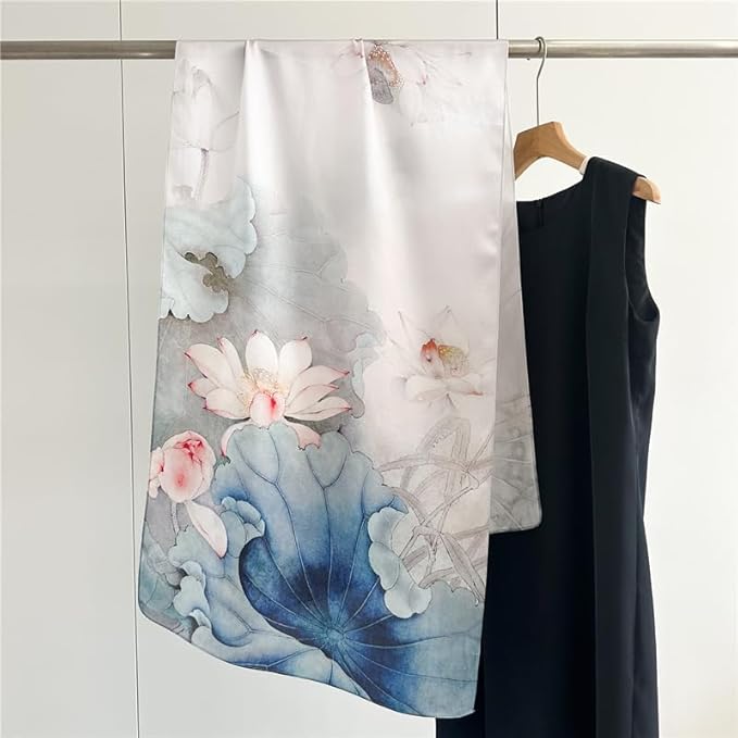 100% Mulberry Silk Scarfs for Women Floral Print Satin Long Scarf for Headscarf Hair Wraps Shawl with Gift Packed