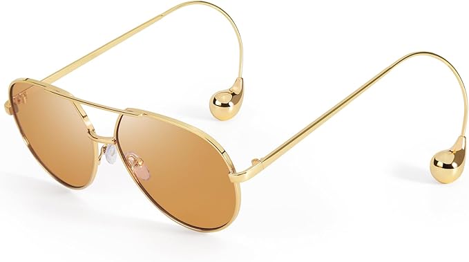 SODQW Trendy Aviator Sunglasses for Women with Earring Gold Metal Frame Fashion Sun Glasses