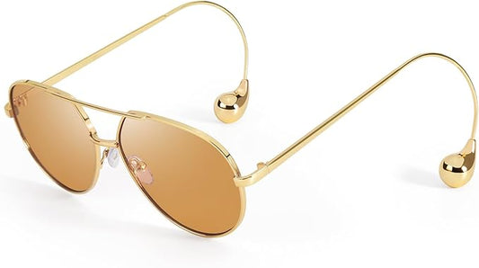 SODQW Trendy Aviator Sunglasses for Women with Earring Gold Metal Frame Fashion Sun Glasses