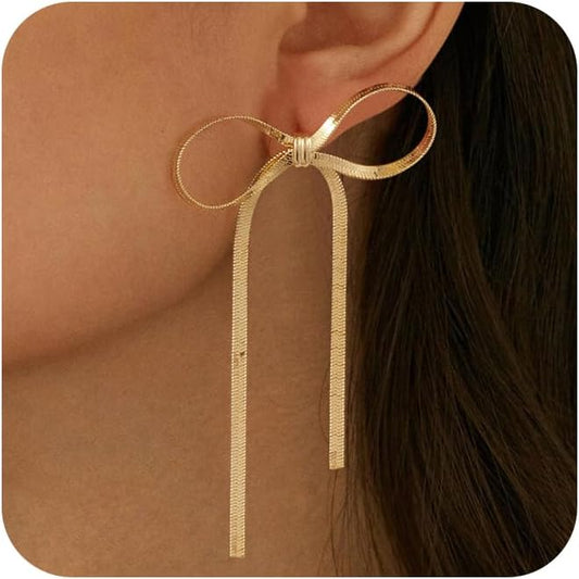 ASCOMY Gold Stud Earrings for Women - Dainty Bow 14K Gold/Silver Plated Pearl Earrings - Trendy Cute Ribbon Minimalist Jewelry Gifts for Her
