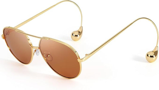 SODQW Trendy Aviator Sunglasses for Women with Earring Gold Metal Frame Fashion Sun Glasses