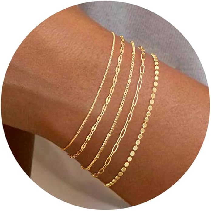 MBW Gold Bracelets for Women Trendy, Dainty 14K Gold Plated Bracelet Stack Beaded Chain Bracelet Set Thin Small Cute Paperclip Bracelets Fashion Waterproof Jewelry Gift Gold Accessories for Women