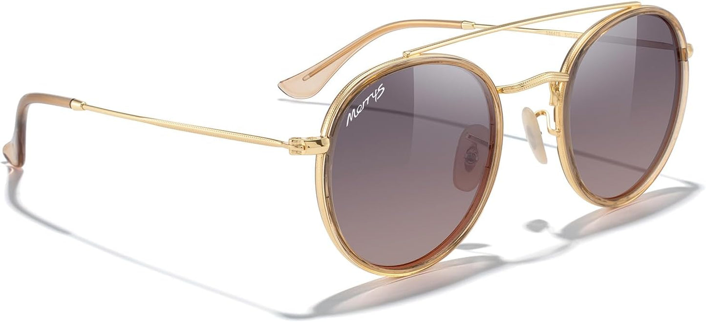 MERRY'S Retro Round Polarized Sunglasses - Unisex Double Bridge Sun Glasses