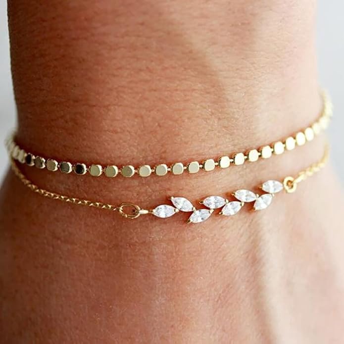 MIDEEO Bracelets for Women Dainty Layered Herringbone Twisted Rope Chain Bracelets Set Layering Dot CZ Leave Beaded Bracelets Dainty Cubic Zirconia Tennis Chain Bracelet Jewelry Gifts