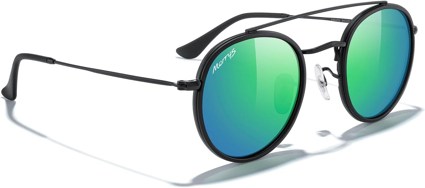 MERRY'S Retro Round Polarized Sunglasses - Unisex Double Bridge Sun Glasses