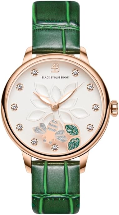Womens Watch Bee Watches for Women Moving Bees Between Double Sapphire Glass with Genuine Leather Strap Luminous Hands and Trendy Watch with 12 Genuine Diamonds Rose Gold Mesh Band 28mm