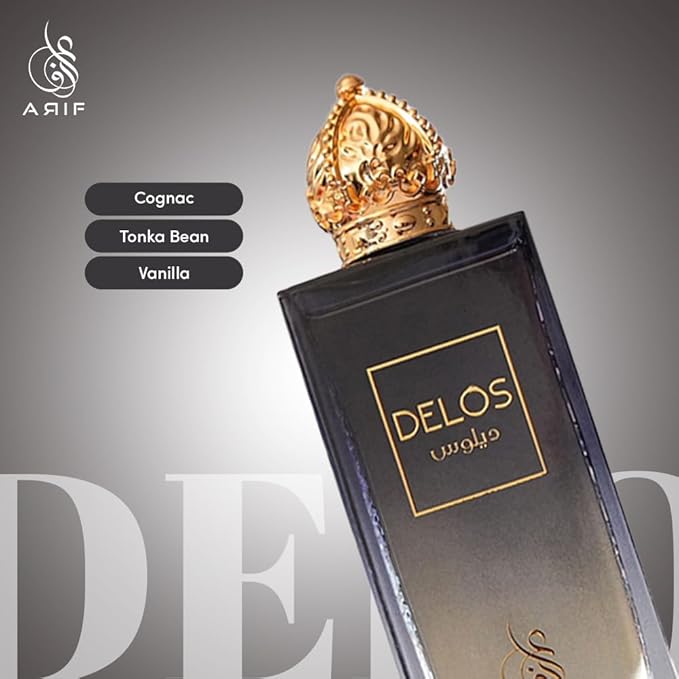 ARIF Delos Perfumes – Premium Woody Oriental Eau de Parfum for Men & Women – Cognac, Oak, Tonka Bean, Vanilla, Praline, Sandalwood – Long-Lasting Unisex Fragrance – 3.4 oz