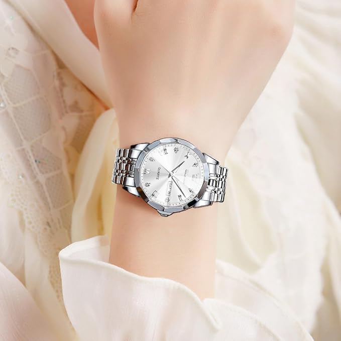 OLEVS Watch for Men Women Large Face Unisex Diamond Luxury Dress Analog Quartz Stainless Steel Waterproof Luminous Date Business Casual Wrist Watch