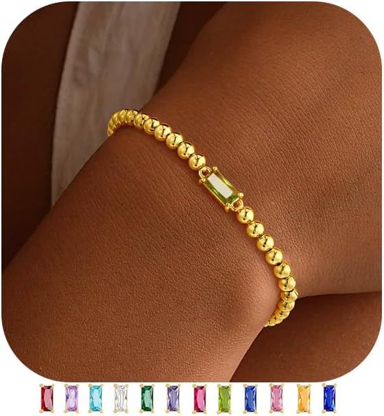 Yoosteel Dainty Birthstone Bracelet for Women - Elastic 14K-Gold-Plated Bead Bracelets Trendy Friendship Birthday Jewelry Gifts for Women