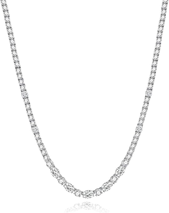 FANCIME Sterling Silver Tennis Necklace 4mm 18 inch Birthstone Necklace with 6 * 8mm Oval Gemstone Luxury Fine Birthday Jewelry Gifts for Women