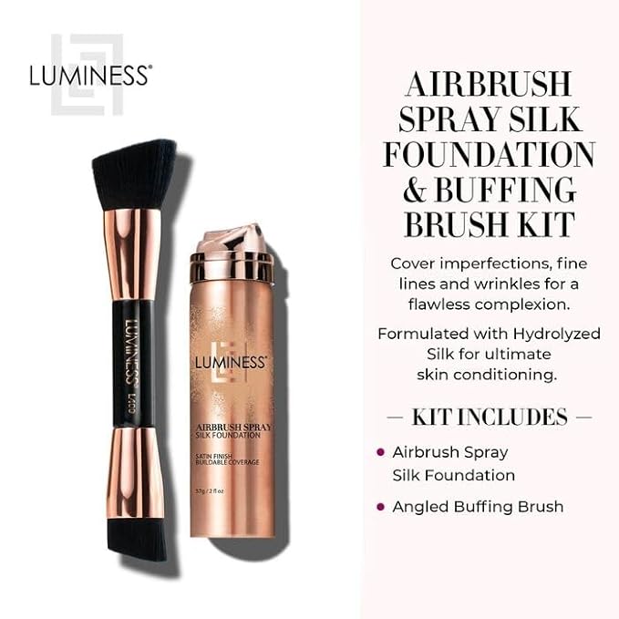 LUMINESS Silk Airbrush Spray Foundation & Buffing Brush Kit – Full Coverage Foundation & Dual-Sided Buffing Brush - Buildable Coverage, Anti-Aging Formula Hydrates & Moisturizes (Shade - Medium)