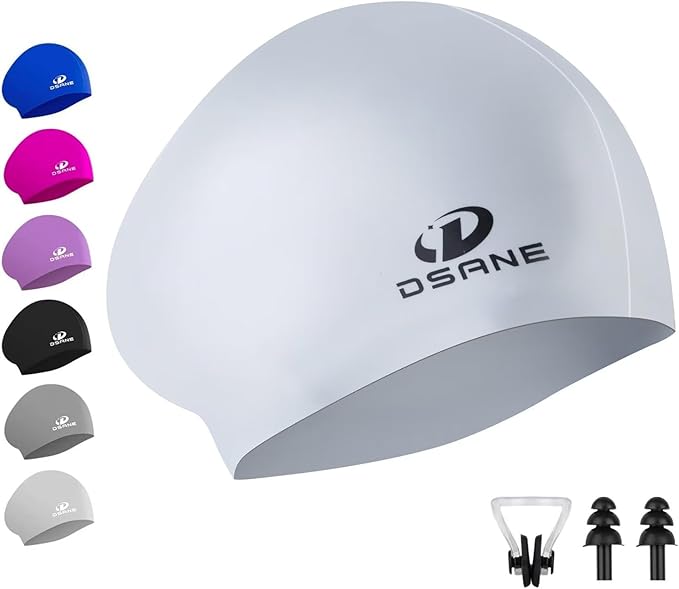 Womens Silicone Swim Cap for Long Hair,3D Ergonomic Design Silicone Swimming Caps for Women Kids Men Adults Boys Girls with Ear Plug and Nose Clip