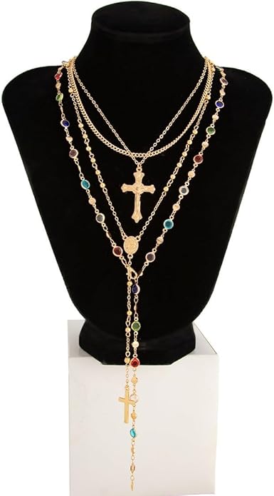 Gold Color Cross Pendant Necklace Set for Women,Dainty Big Crystal Cross Imitation pearl Layered Chain Necklace Summer Party Jewelry