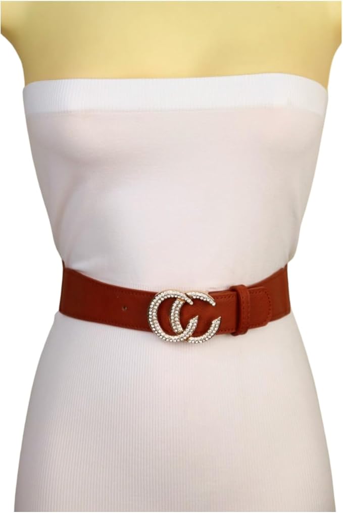 Women's Brown Faux Leather Stretch Waist Belt – Chic Rhinestone CC Buckle – Skinny Adjustable Fashion Accessory – Size S/M – WB30