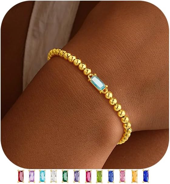 Yoosteel Dainty Birthstone Bracelet for Women - Elastic 14K-Gold-Plated Bead Bracelets Trendy Friendship Birthday Jewelry Gifts for Women