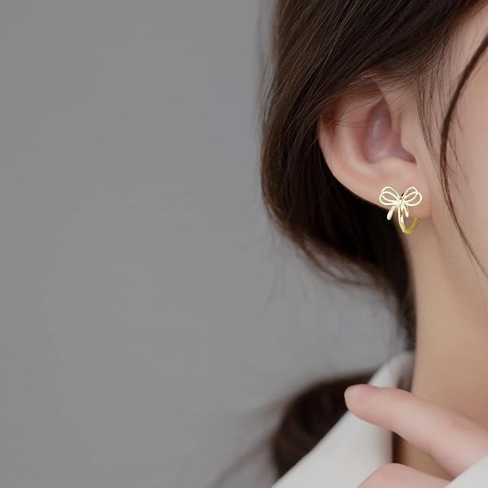 Reffeer Solid 925 Sterling Silver Bow Hoop Earrings Ribbon for Women Teen Girls Bowknot Hoop Earrings Huggie